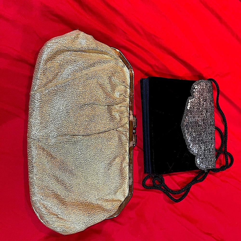 Shiny Gold clutch purse. Black velvet purse silver sequin flap. Rope strap.